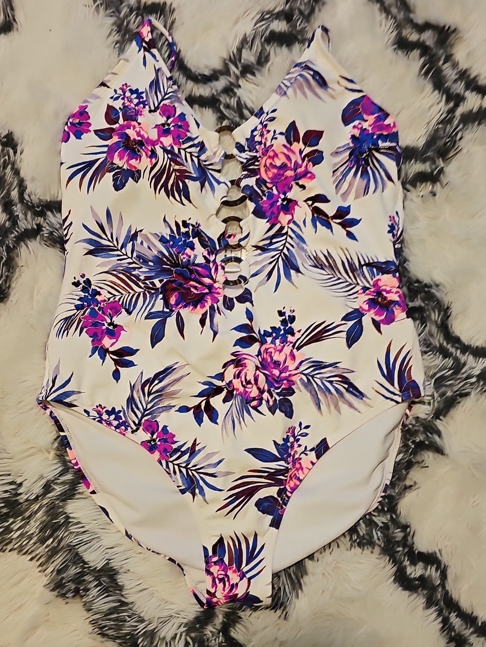 Ambrielle White One-Piece Swimsuit with Pink & Blue Floral Print